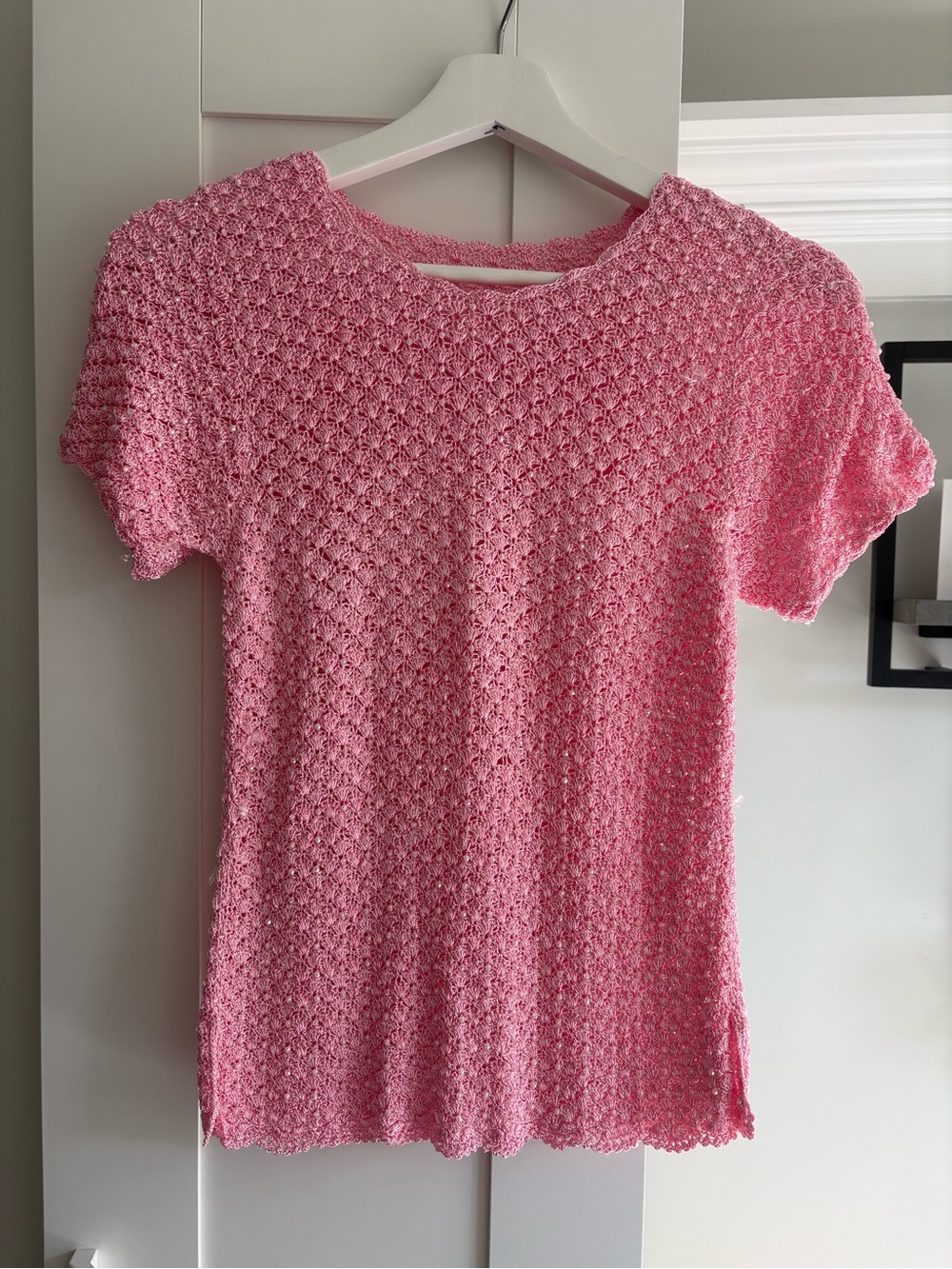 Vintage Y2k Pink Short-Sleeve Crochet Knit Top & Beaded details